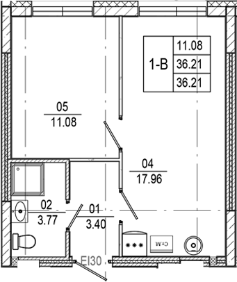 Планировка — Progress Встречный, 1-комн., 36 м²