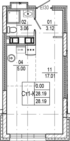 Планировка — Progress Встречный, Студия, 28 м²