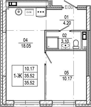 Планировка — Progress Встречный, 1-комн., 36 м²