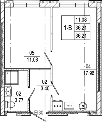 Планировка — Progress Встречный, 1-комн., 36 м²