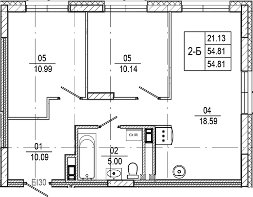 Планировка — Progress Встречный, 2-комн., 55 м²