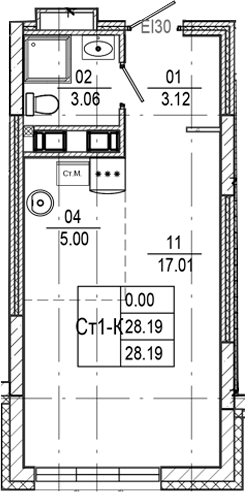 Планировка — Progress Встречный, Студия, 28 м²