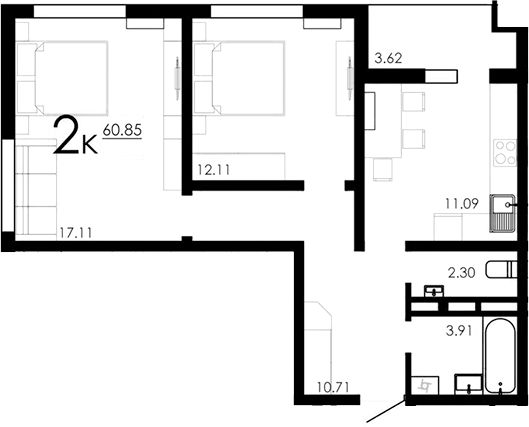Планировка — Крокус, 2-комн., 57 м²