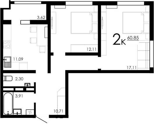 Планировка — Крокус, 2-комн., 57 м²