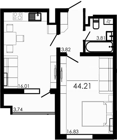 Планировка — Крокус, 1-комн., 40 м²