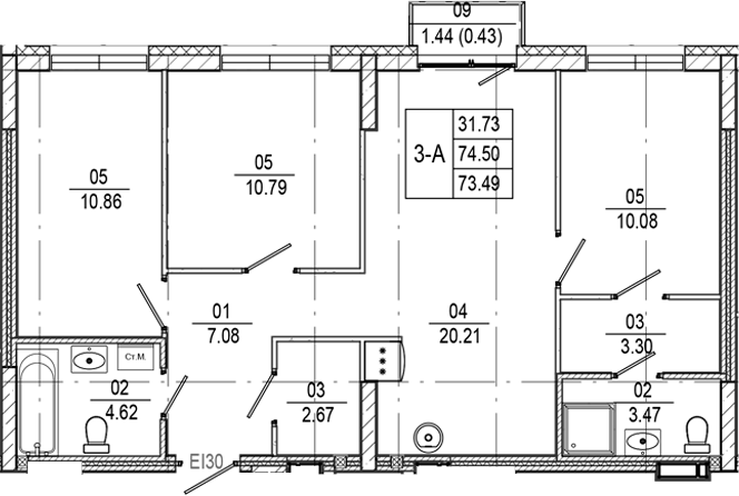 Планировка — Progress Встречный, 3-комн., 73 м²