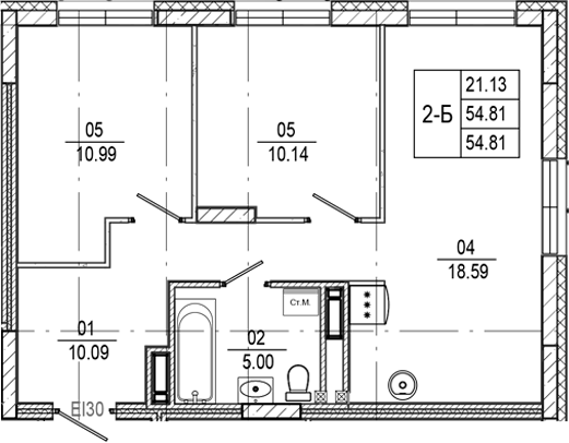 Планировка — Progress Встречный, 2-комн., 55 м²