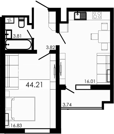 Планировка — Крокус, 1-комн., 40 м²