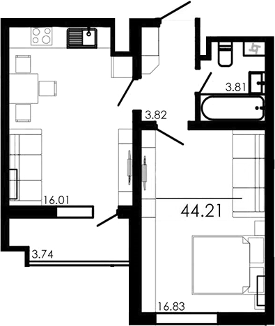 Планировка — Крокус, 1-комн., 40 м²