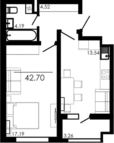 Планировка — Крокус, 1-комн., 39 м²