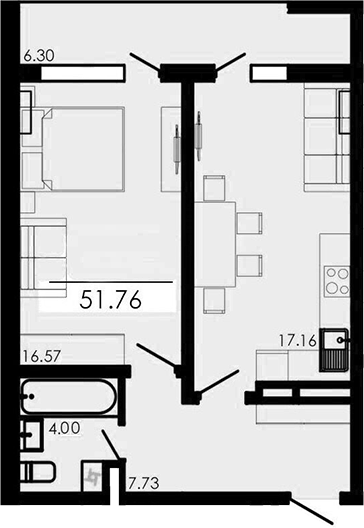 Планировка — Крокус, 2-комн., 45 м²