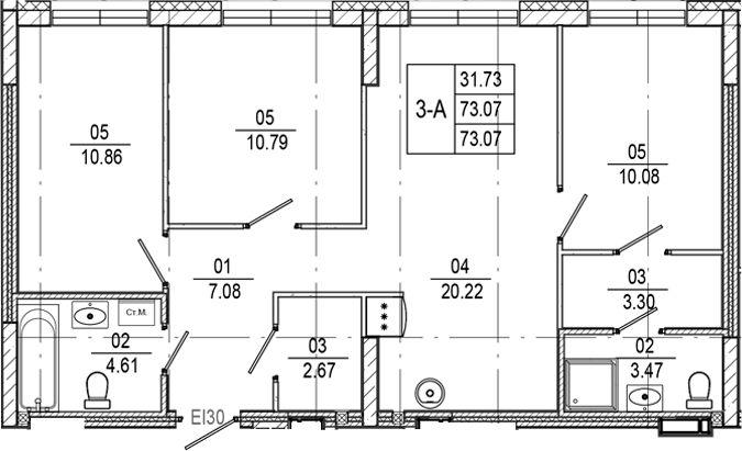 Планировка — Progress Встречный, 3-комн., 73 м²