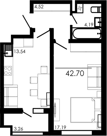 Планировка — Крокус, 1-комн., 39 м²