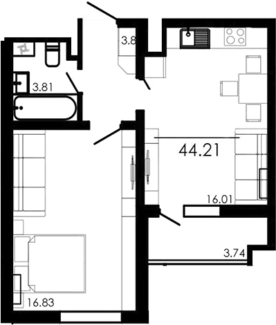 Планировка — Крокус, 1-комн., 40 м²
