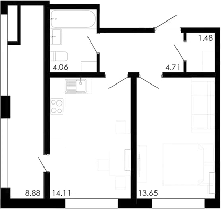 Планировка — Крокус, 1-комн., 38 м²