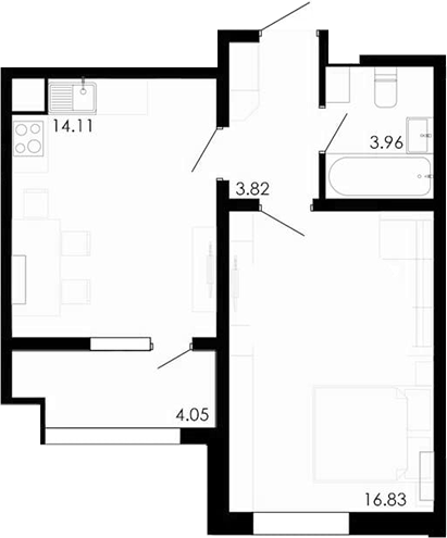 Планировка — Крокус, 1-комн., 39 м²