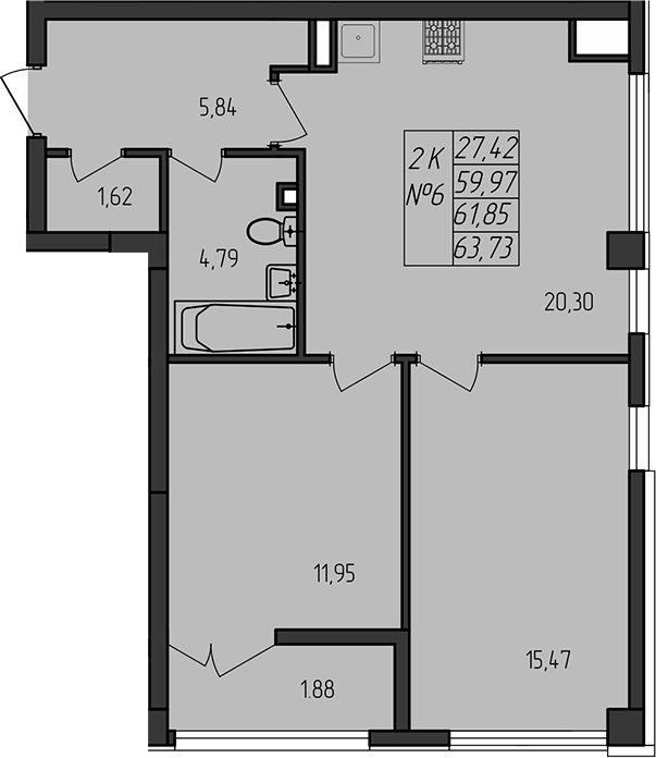 Планировка — Лермонтовский, 2-комн., 60 м²