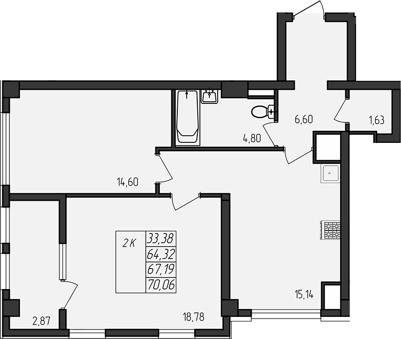 Планировка — Лермонтовский, 2-комн., 64 м²