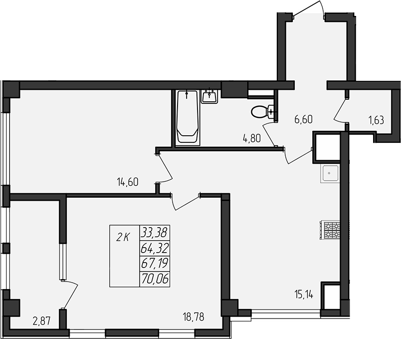 Планировка — Лермонтовский, 2-комн., 64 м²