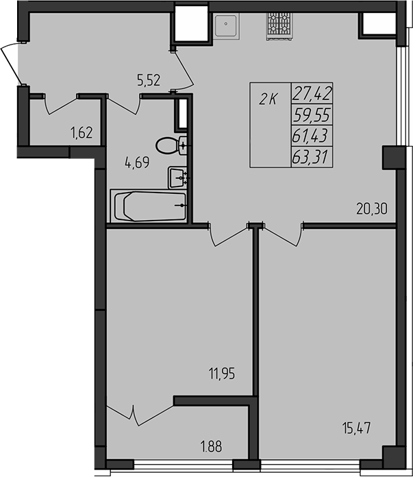 Планировка — Лермонтовский, 2-комн., 60 м²