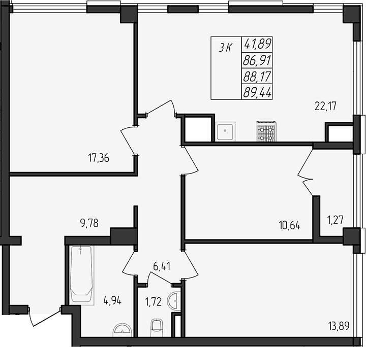 Планировка — Лермонтовский, 4-комн., 87 м²