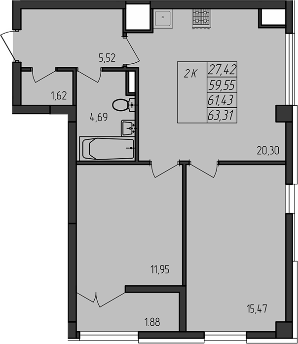 Планировка — Лермонтовский, 2-комн., 60 м²