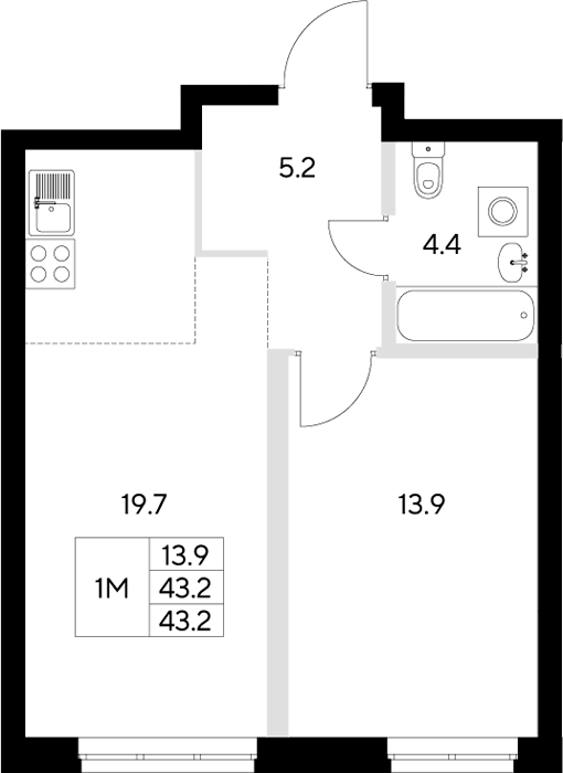 Планировка — Стадиум, 1-комн., 43 м²