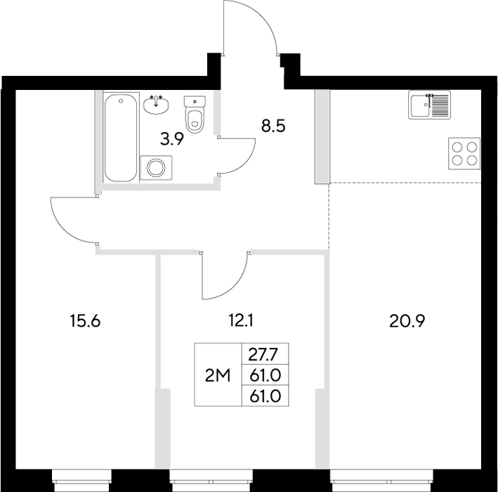 Планировка — Стадиум, 2-комн., 61 м²