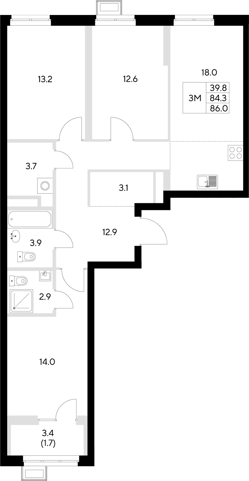 Планировка — Стадиум, 3-комн., 84 м²