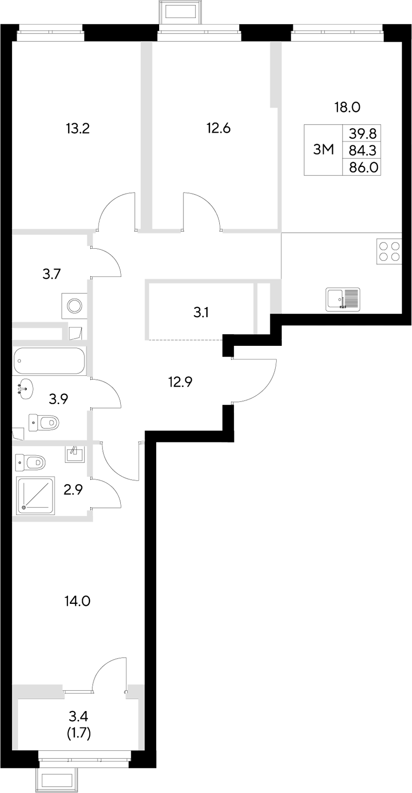 Планировка — Стадиум, 3-комн., 84 м²