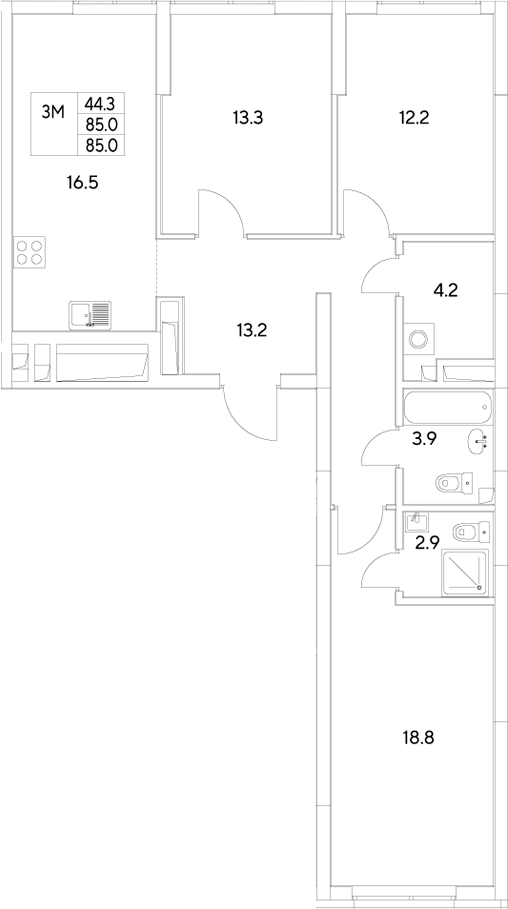 Планировка — Стадиум, 3-комн., 85 м²