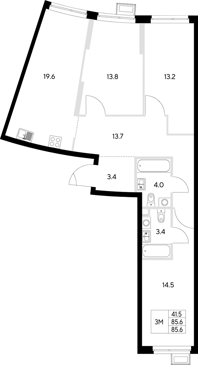 Планировка — Стадиум, 3-комн., 86 м²