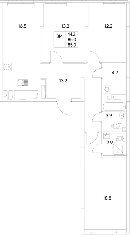 Планировка — Стадиум, 3-комн., 85 м²