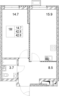 Планировка — Стадиум, 1-комн., 43 м²