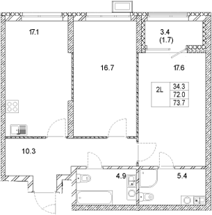 Планировка — Стадиум, 2-комн., 72 м²