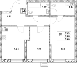 Планировка — Стадиум, 2-комн., 64 м²