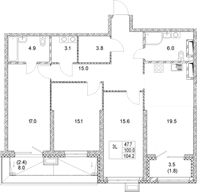 Планировка — Стадиум, 3-комн., 100 м²