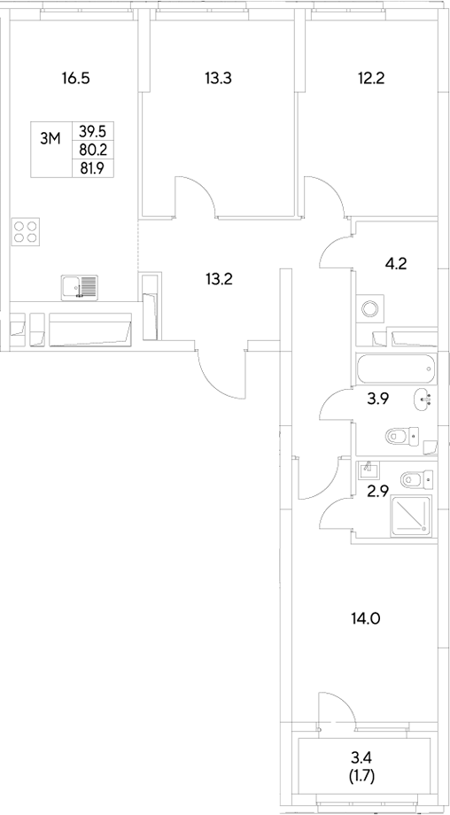 Планировка — Стадиум, 3-комн., 80 м²