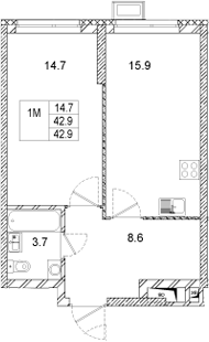 Планировка — Стадиум, 1-комн., 43 м²