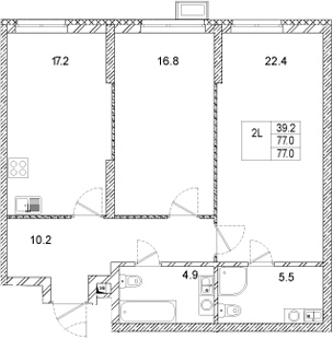 Планировка — Стадиум, 2-комн., 77 м²