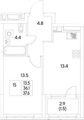 Планировка — Стадиум, 1-комн., 36 м²