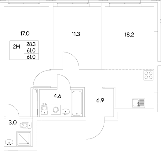 Планировка — Стадиум, 2-комн., 61 м²