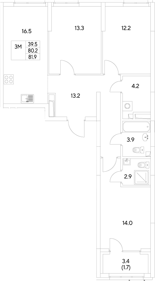Планировка — Стадиум, 3-комн., 80 м²