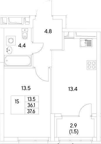 Планировка — Стадиум, 1-комн., 36 м²