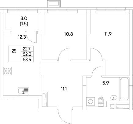 Планировка — Стадиум, 2-комн., 52 м²