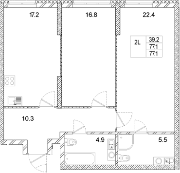 Планировка — Стадиум, 2-комн., 77 м²