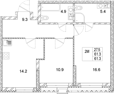 Планировка — Стадиум, 2-комн., 61 м²