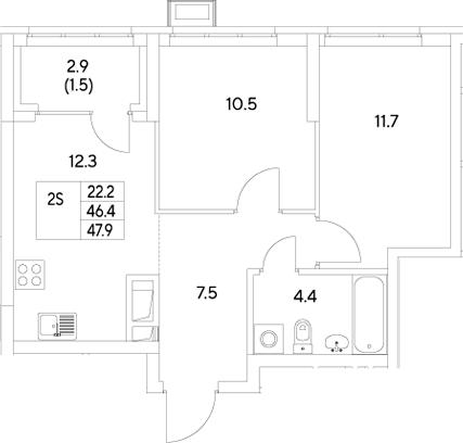 Планировка — Стадиум, 2-комн., 46 м²
