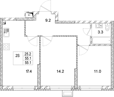 Планировка — Стадиум, 2-комн., 55 м²