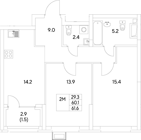Планировка — Стадиум, 2-комн., 60 м²